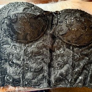 Vintage Fredericks Of Hollywood Black Bead & Sequin Front Zip Bustier Corset 36